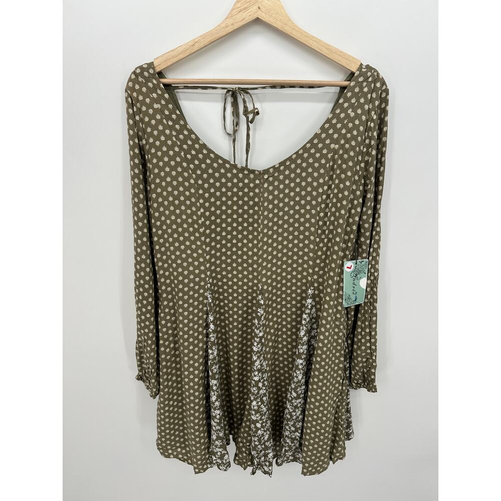 Andree by‎ Unit Womens Polka Dot Floral Dress L Olive Green Boho Whimsigoth DA35